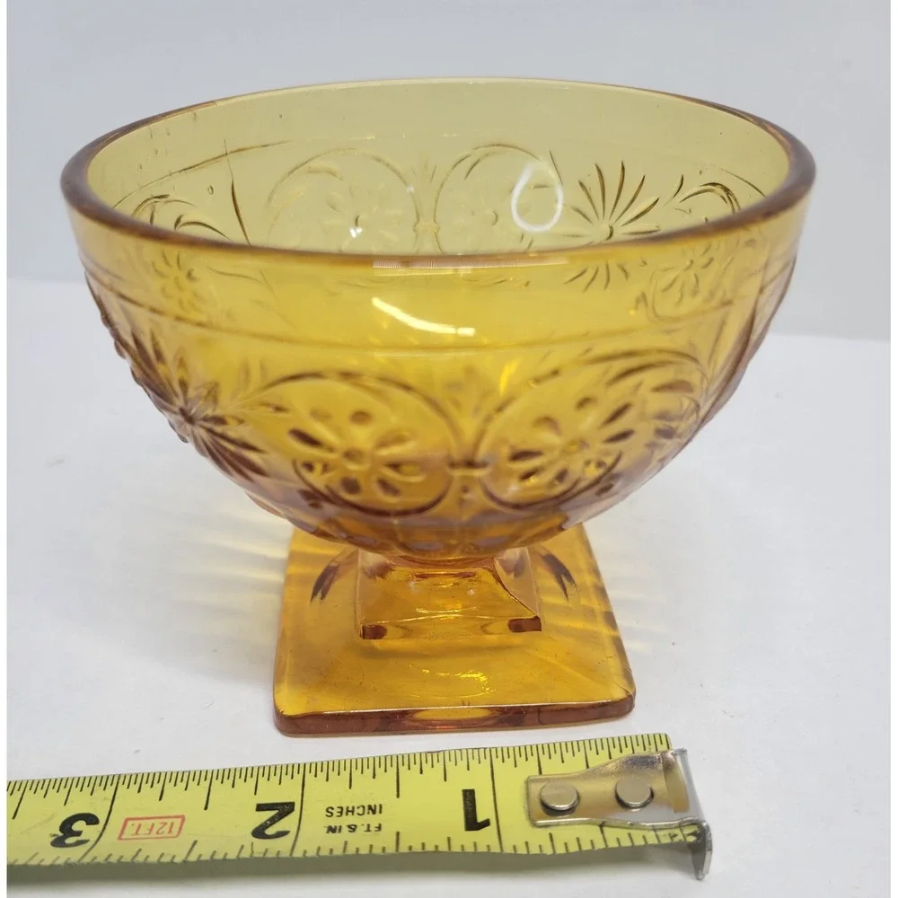 Vintage Amber‎ Depression Glass Floral Sherbet Cup Square Pedestal Dessert Bowl